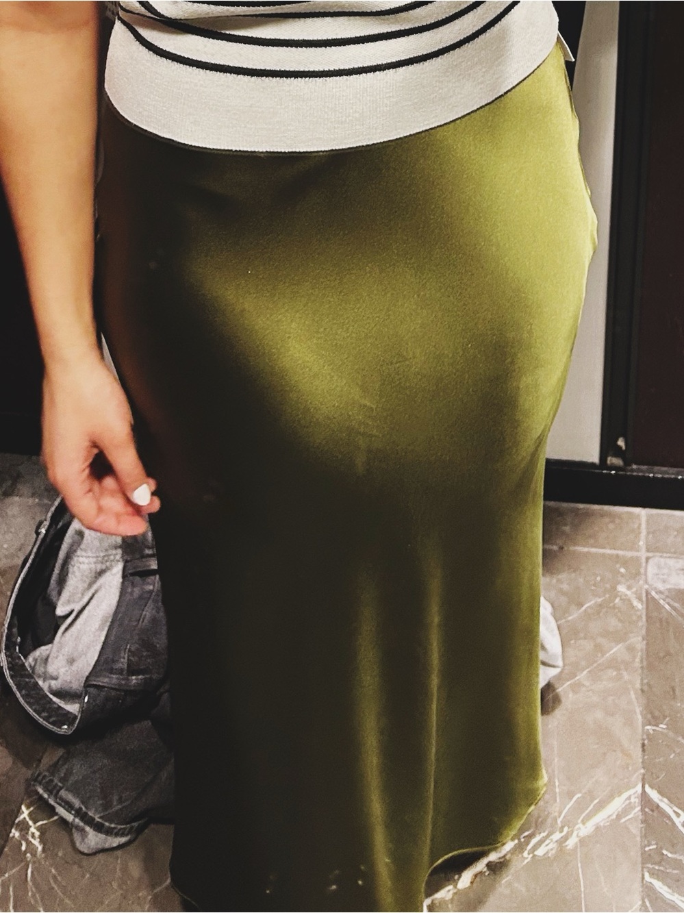 Zara Olive Satin Midi Skirt with Black & White Striped Top